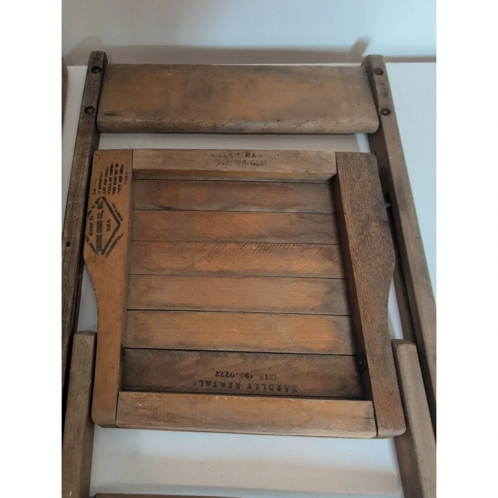 Lot Of 2 Antique Vintage Slat Wood Folding Chairs Snyder Chair Co. USA